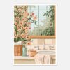 Jarrón con flores en un lavabo junto a un espejo con vista a un jardín, estilo artístico digital.