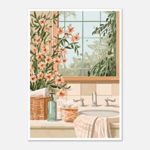 Jarrón con flores en un lavabo junto a un espejo con vista a un jardín, estilo artístico digital.
