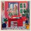 Vibrante pintura de interiores con plantas y muebles en tonos rojos y verdes, estilo artístico de Digiart Studio.
