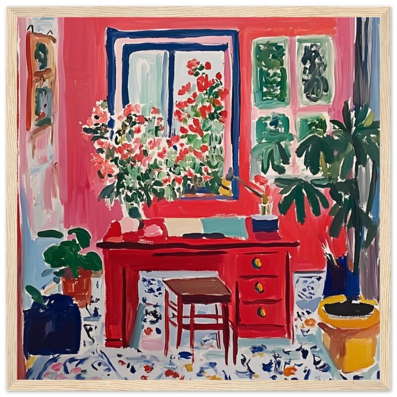 Vibrante pintura de interiores con plantas y muebles en tonos rojos y verdes, estilo artístico de Digiart Studio.