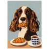 Perro con croissant y café en estilo ilustración digital.