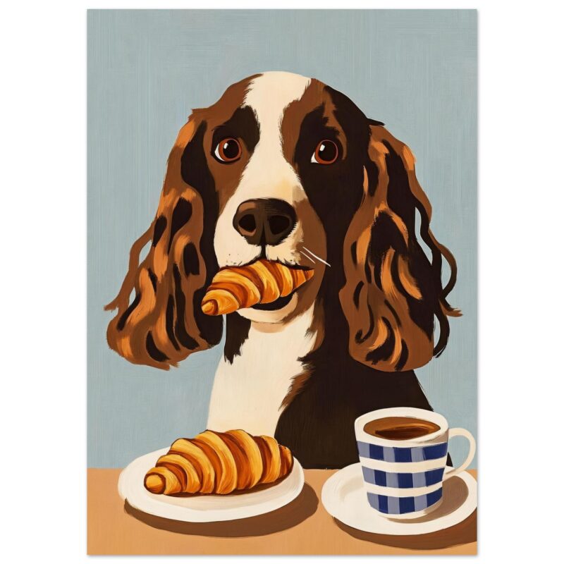 Perro con croissant y café en estilo ilustración digital.