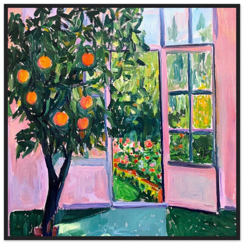 Árbol con naranjas en interior con ventana abierta, estilo pintura impresionista.