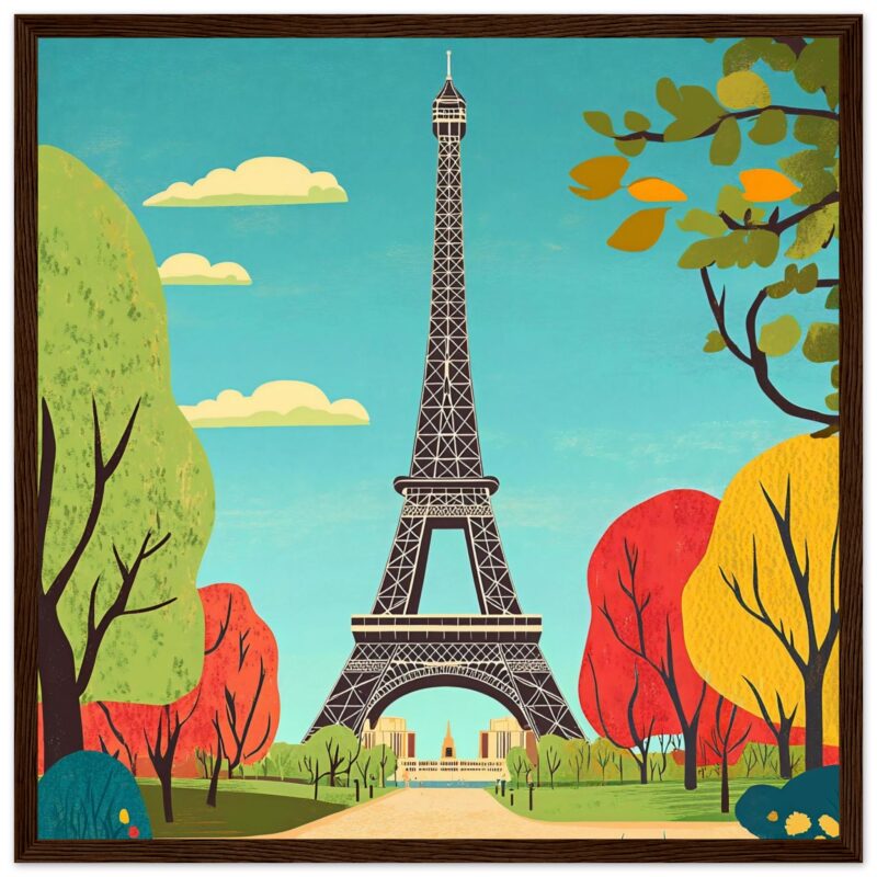 Torre Eiffel en ilustración colorida con árboles otoñales y cielo azul, estilo artístico para diseño digital en Digiart Studio.