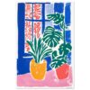 0b742e08-fa6f-4537-8c88-833d6f587925.jpg Jarrón con plantas verdes y fondo de ventana en colores vibrantes, estilo artístico y moderno.