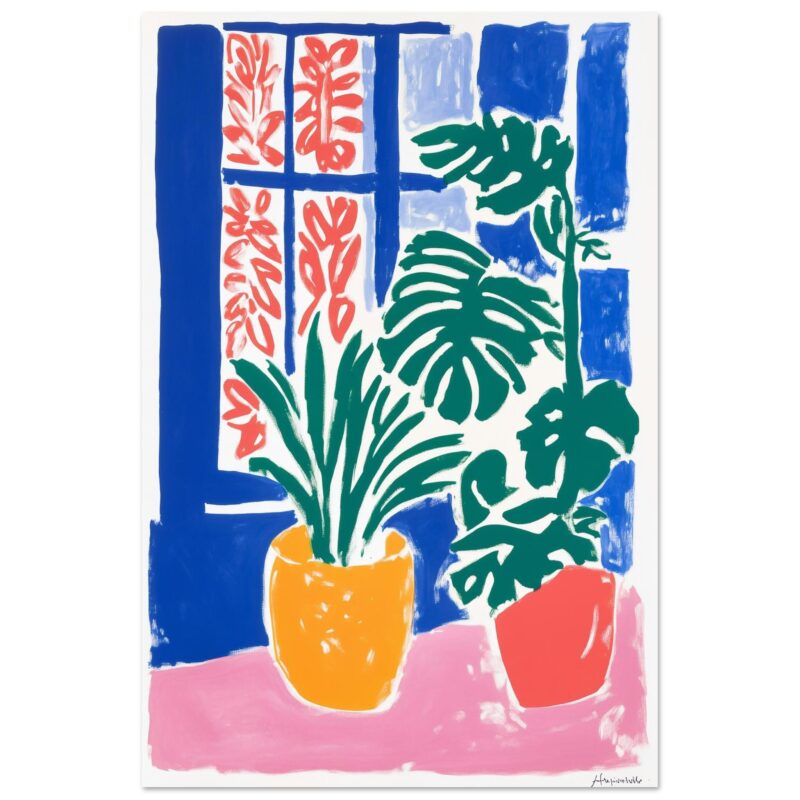0b742e08-fa6f-4537-8c88-833d6f587925.jpg Jarrón con plantas verdes y fondo de ventana en colores vibrantes, estilo artístico y moderno.