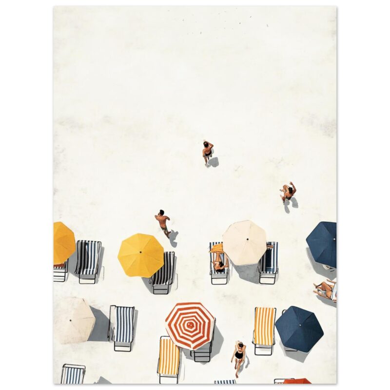 Sombrillas de playa y personas en la arena vista desde arriba, estilo ilustración digital para publicidad de vacaciones y turismo.