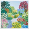 Arboles y flores vibrantes en jardines pintados con estilo artístico y colorido.
