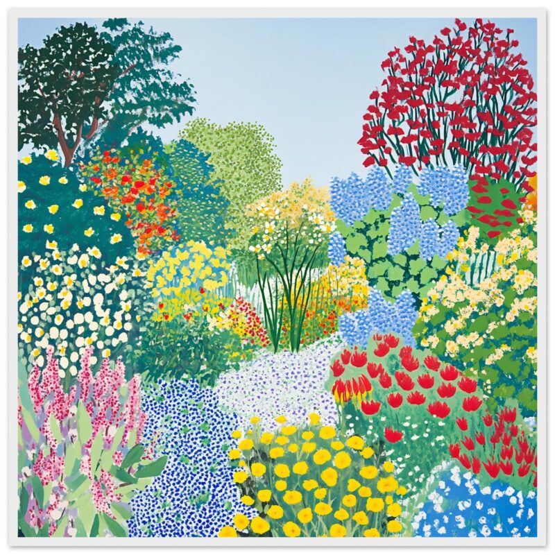 Arboles y flores vibrantes en jardines pintados con estilo artístico y colorido.