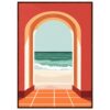 Puerta con vista a la playa, ilustración de estilo moderno y colorido, ideal para decoración de interior, arte digital, y obras con temática costera.