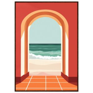 Puerta con vista a la playa, ilustración de estilo moderno y colorido, ideal para decoración de interior, arte digital, y obras con temática costera.