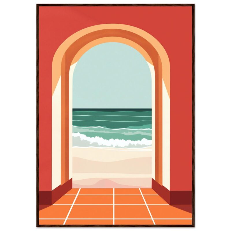 Puerta con vista a la playa, ilustración de estilo moderno y colorido, ideal para decoración de interior, arte digital, y obras con temática costera.