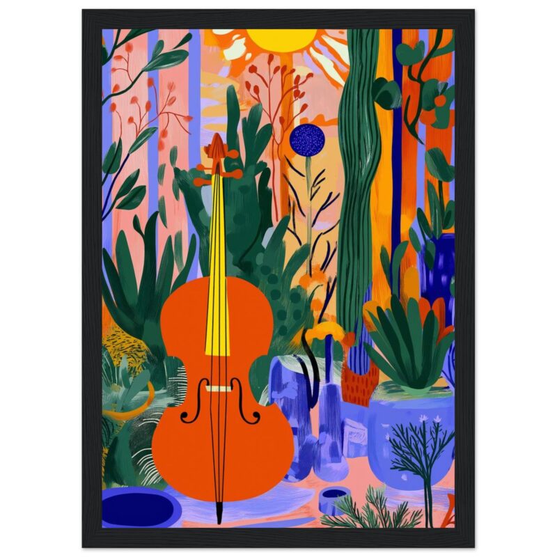 Violeta, naranja y verde con violín y plantas en estilo artístico colorido.