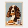 Perro de retrato con croissant y café, estilo pintura digital, arte adorable, ideal para decoraciones y regalos personalizados.