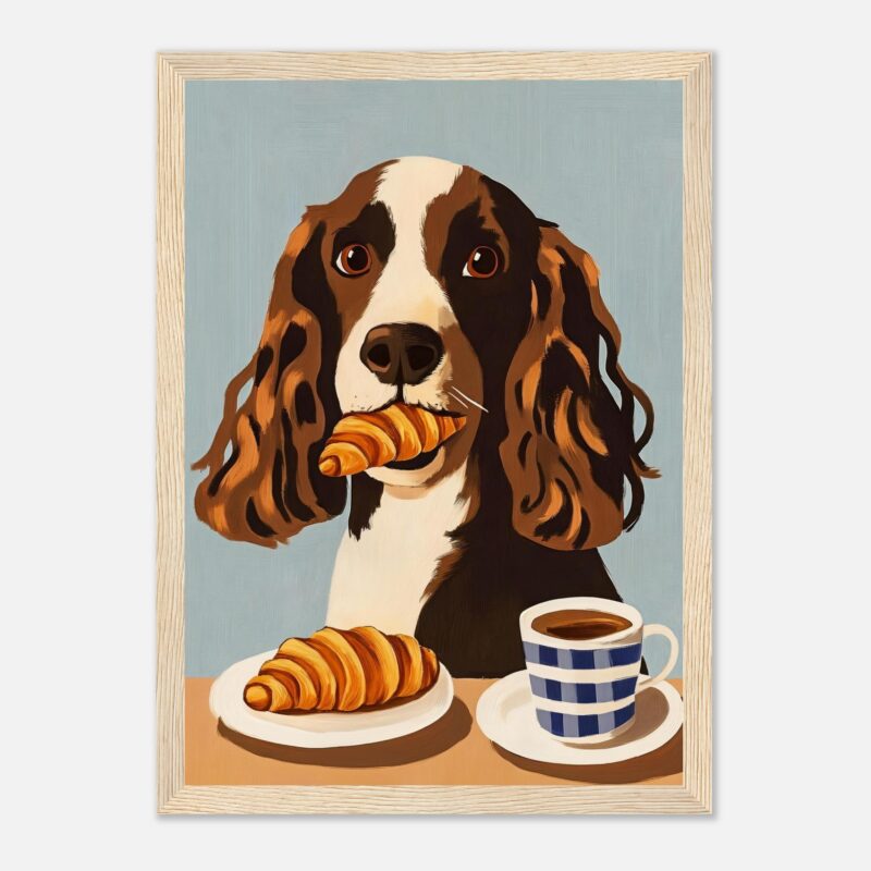 Perro de retrato con croissant y café, estilo pintura digital, arte adorable, ideal para decoraciones y regalos personalizados.