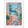 Puerta abierta con vista al mar y plantas en interior, estilo artístico vibrante y colorido.
