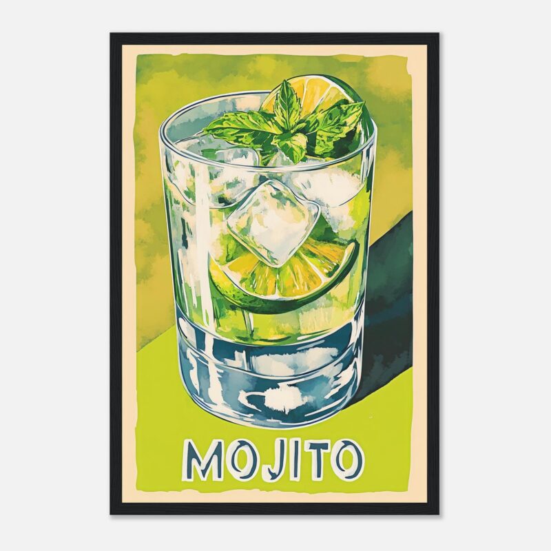 Refresco de mojito con limón, hierbabuena y hielo en vaso. Ilustración de estilo watercolor para decoración moderna.