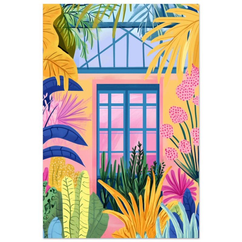Ventana tropical rodeada de vegetación colorida, estilo ilustración moderna y vibrante.