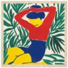 Diseno moderno de una figura femenina con fondo de hojas verdes, estilo color blocking.