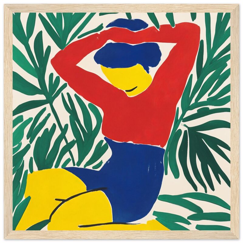 Diseno moderno de una figura femenina con fondo de hojas verdes, estilo color blocking.