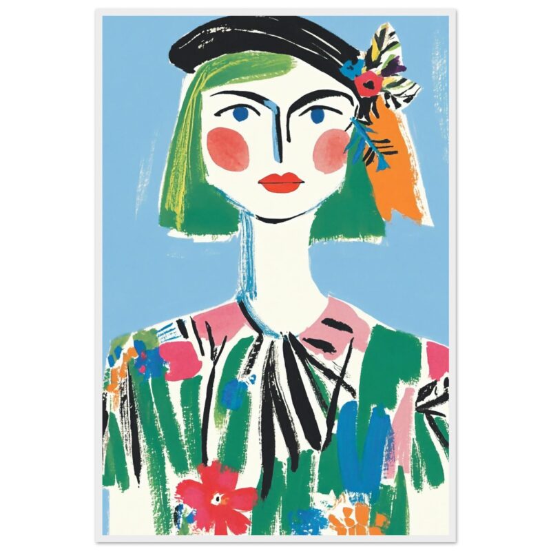 Retrato colorido de estilo moderno con mujer con cabello verde, ropas con flores y fondo azul, obra de arte digital de Digiart Studio.
