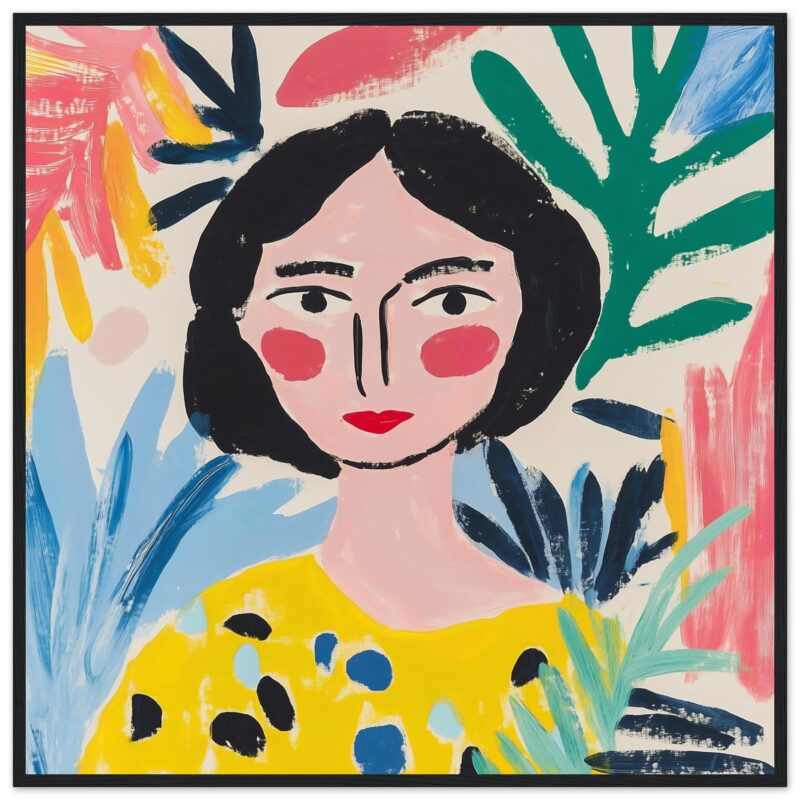 Retrato artístico de mujer con estilo moderno y colorido, ideal para decoración en interiores y arte contemporáneo.