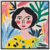 Retrato artístico colorido de mujer con fondo de hojas tropicales, estilo pintura moderna y vibrante, ideal para arte digital y decoración mural.