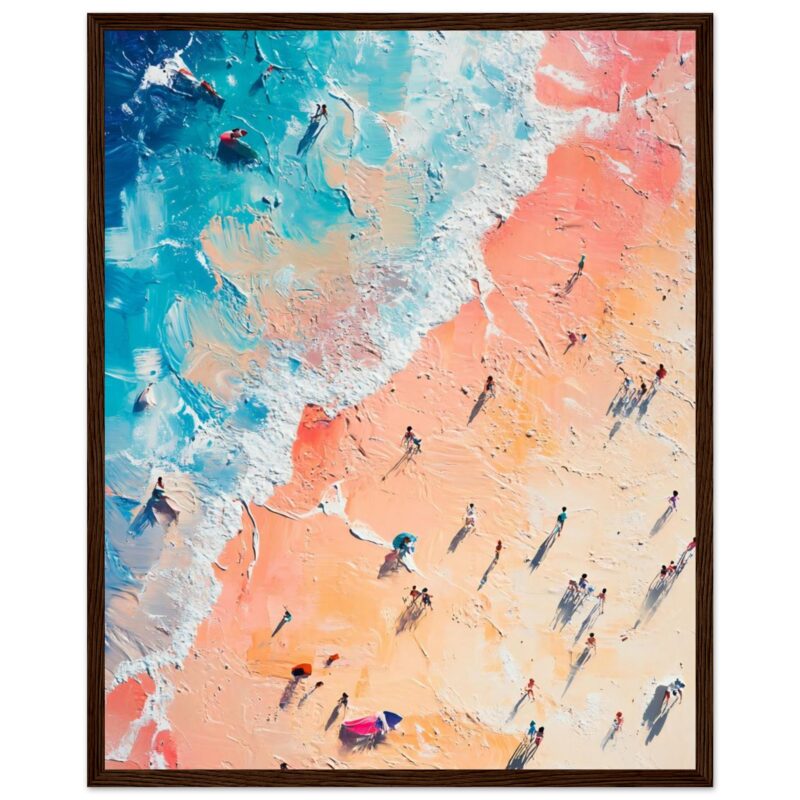 Pintura artística de playa con personas tomando el sol y disfrutando del mar en un estilo postimpresionista.