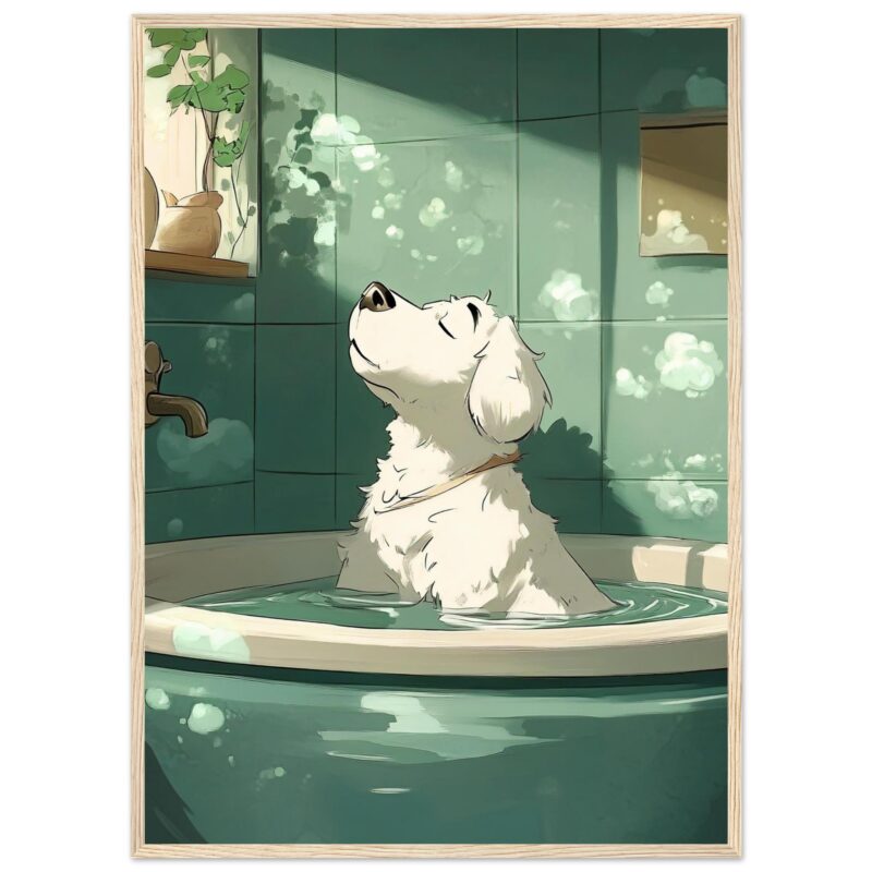 102dd6ba-a05d-43fa-bfc5-27eeecbd0075.jpg Perro relajándose en bañera con vapor y luz solar en estilo ilustración digital.