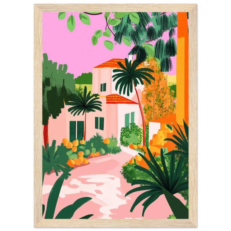 Azuul gemelo, paisaje residencial con palmeras y vegetación tropical, estilo artístico moderno.