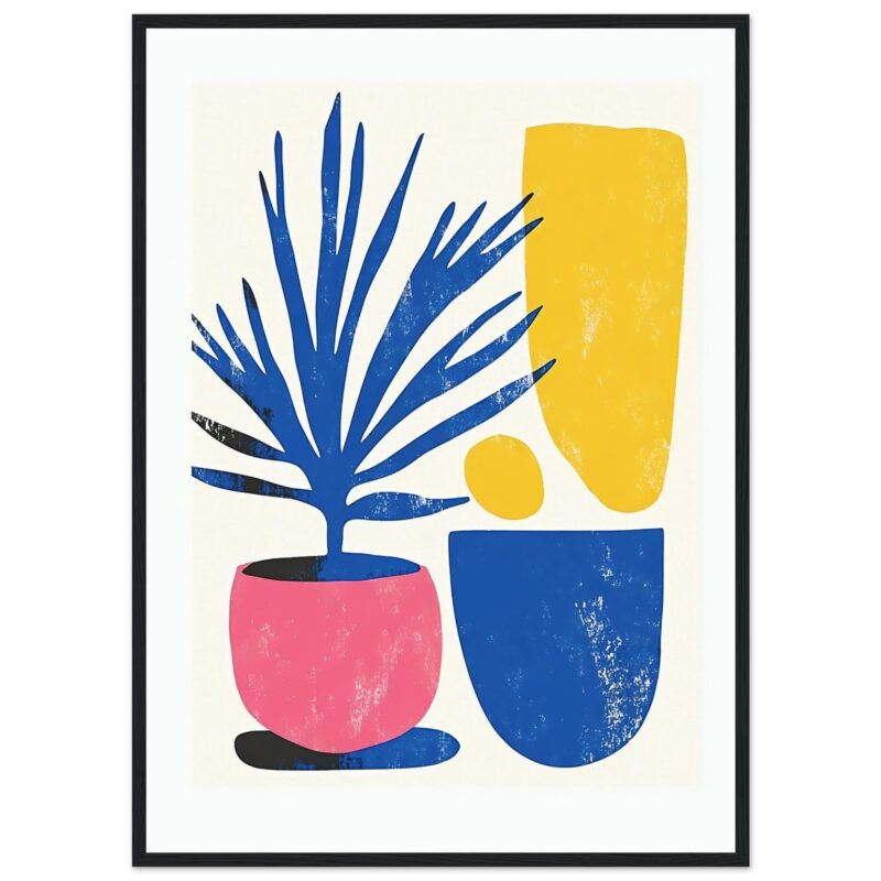 Vasija con planta abstracta en colores vibrantes, arte moderno para decoración interior.