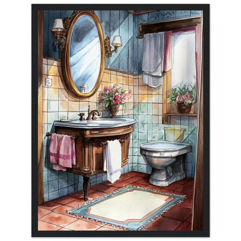 Espejo oval en baño con azulejos color beige y mobiliario vintage, decoración floral y cortinas en tonos suaves.