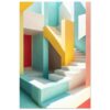 Puerta y escaleras de colores en obra artística moderna, diseño abstracto y visualmente impactante en tonos pastel y vibrantes.