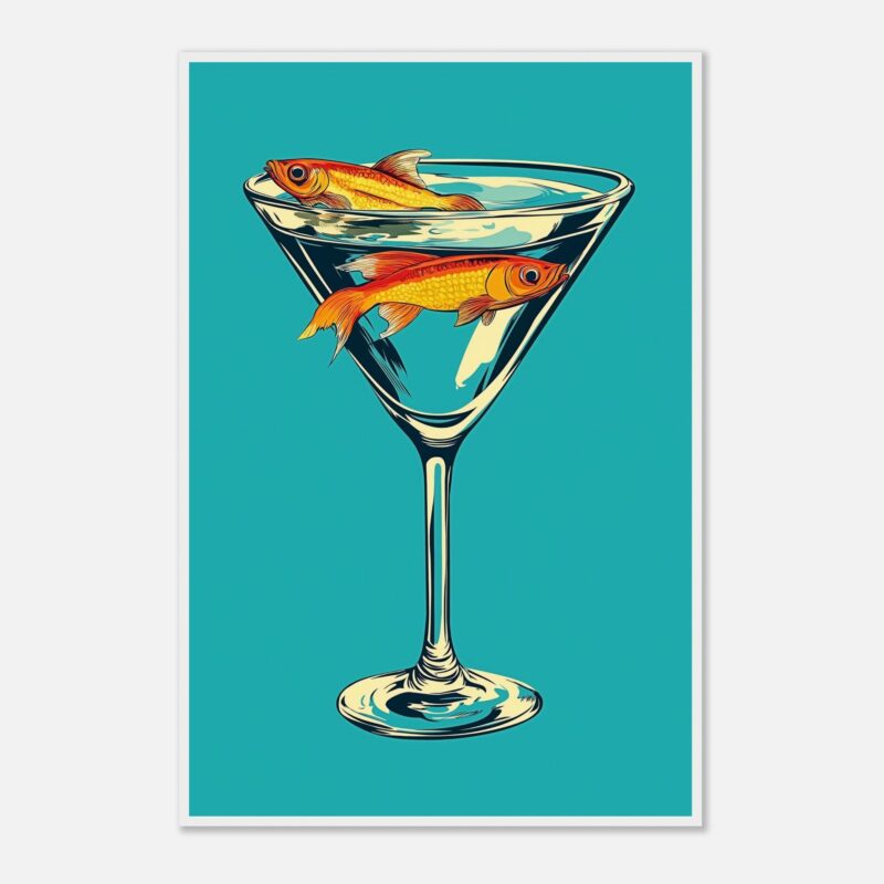 Pez nadando en copa de cóctel, ilustración colorida y moderna, para publicidad y diseño gráfico.