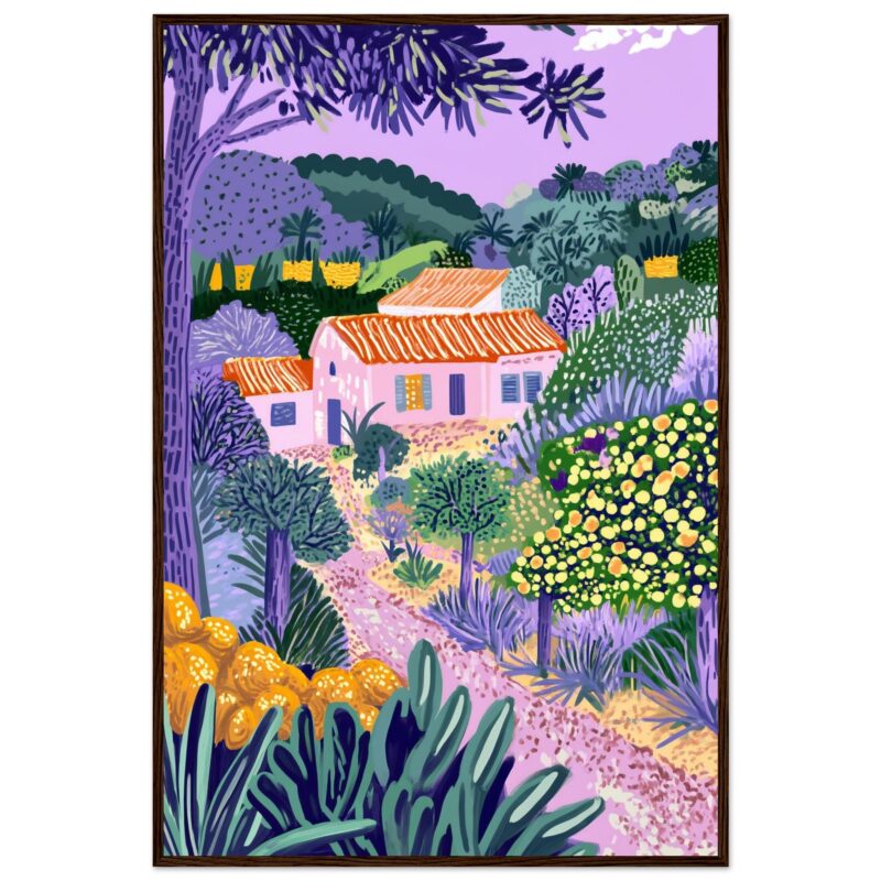 Paisaje de naturaleza con casas y jardines en estilo artístico colorido y vibrante, inspirado en arte digital y pintura contemporánea.