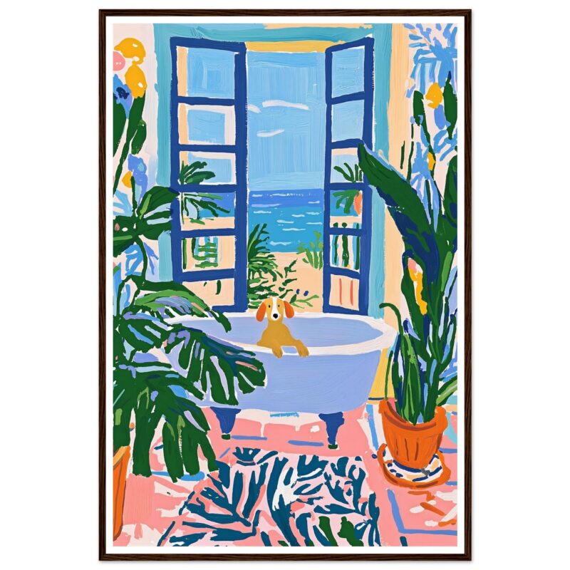 Jarrón con plantas y vista al mar en un estilo artístico colorido.