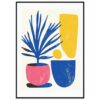 Colores vibrantes de arte abstracto con plantas y macetas modernas.