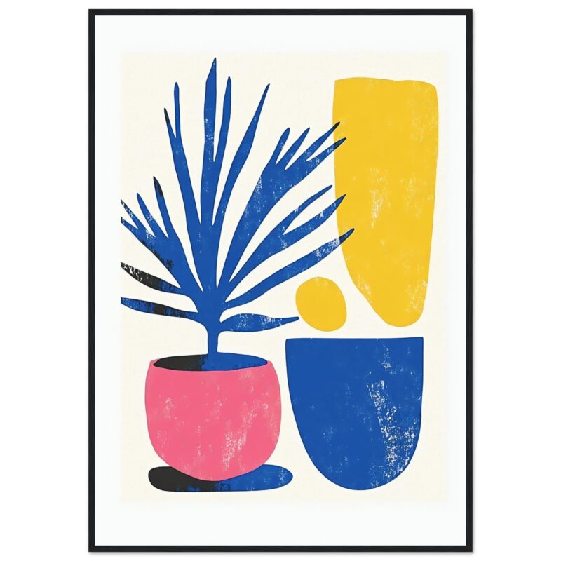 Colores vibrantes de arte abstracto con plantas y macetas modernas.