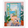 Puerta abierta con vista al mar, estilo pintura impresionista, jardín con plantas y gato sobre silla artística.