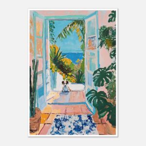 Puerta abierta con vista al mar, plantas tropicales y perro en estilo pintura acrílica.