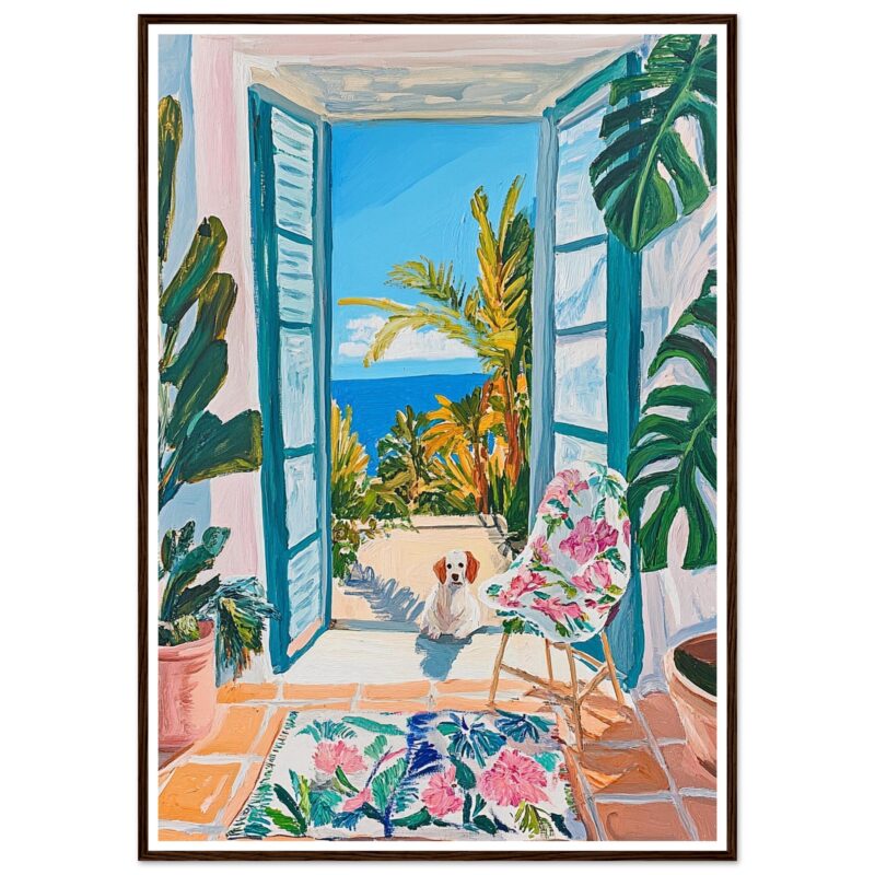 Jardín interior con vistas al mar y plantas tropicales, estilo pintura moderna.