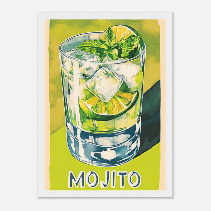 Refresco de mojito con limón, menta y hielo en vaso de cristal, estilo ilustración artística.
