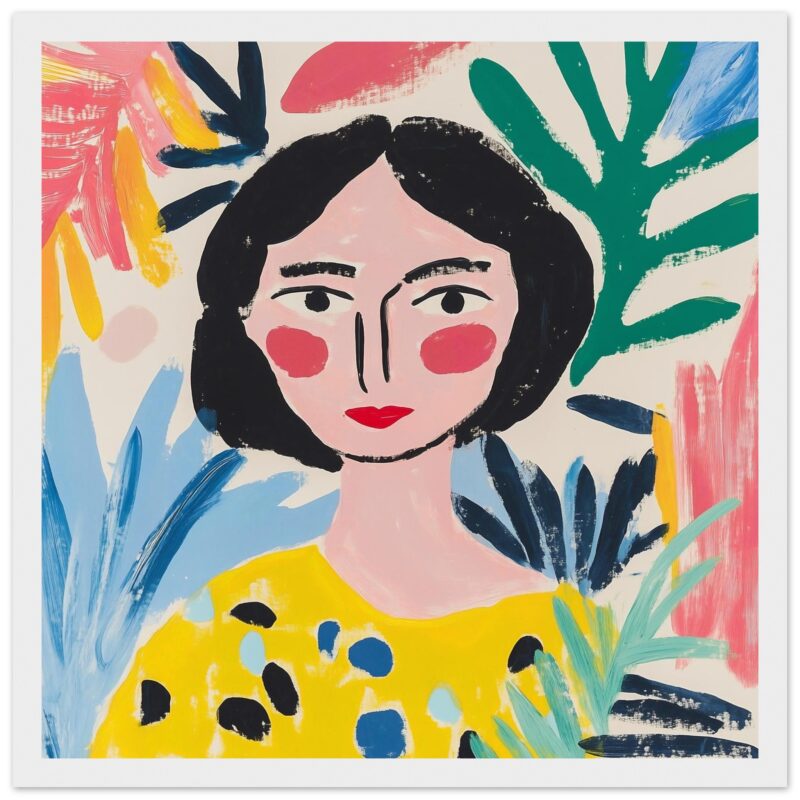 Retrato femenino en estilo moderno con colores brillantes y plantas tropicales de fondo. Diseñado para arte digital y decoraciones vibrantes.