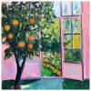 Árbol con naranjas y ventanas abiertas, estilo pintura impresionista.