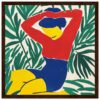 Vibrante obra de arte moderna con dibujo abstracto de mujer rodeada de hojas verdes y frutas amarillas.