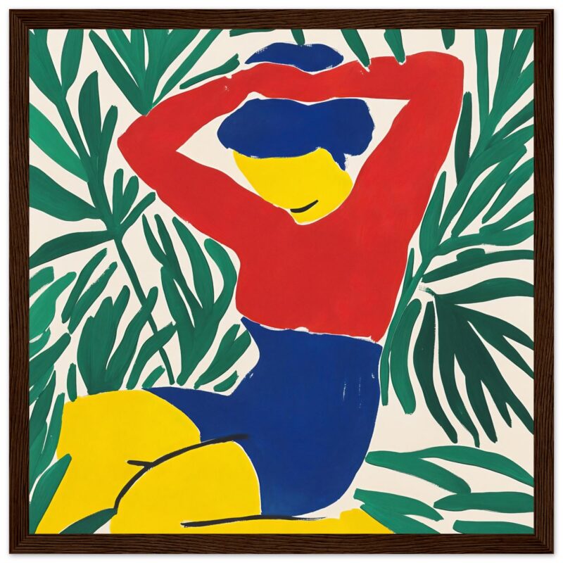 Vibrante obra de arte moderna con dibujo abstracto de mujer rodeada de hojas verdes y frutas amarillas.