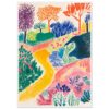 Colores vibrantes de un dibujo de naturaleza con árboles y caminos, estilo artístico infantil.