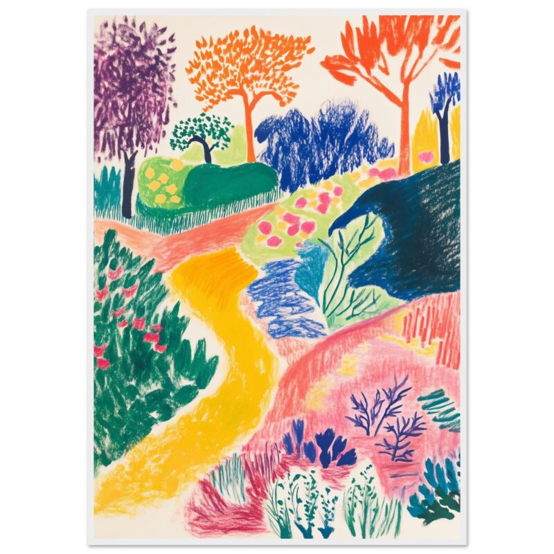 Colores vibrantes de un dibujo de naturaleza con árboles y caminos, estilo artístico infantil.
