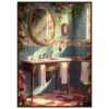 1320f57b-e972-4ae7-a9f0-5dbf925fdccb.jpg Espejo redondo y florido en un baño con azulejos azules y decoración floral, luz natural y ambiente cálido.