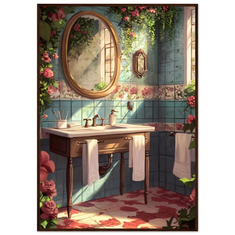1320f57b-e972-4ae7-a9f0-5dbf925fdccb.jpg Espejo redondo y florido en un baño con azulejos azules y decoración floral, luz natural y ambiente cálido.